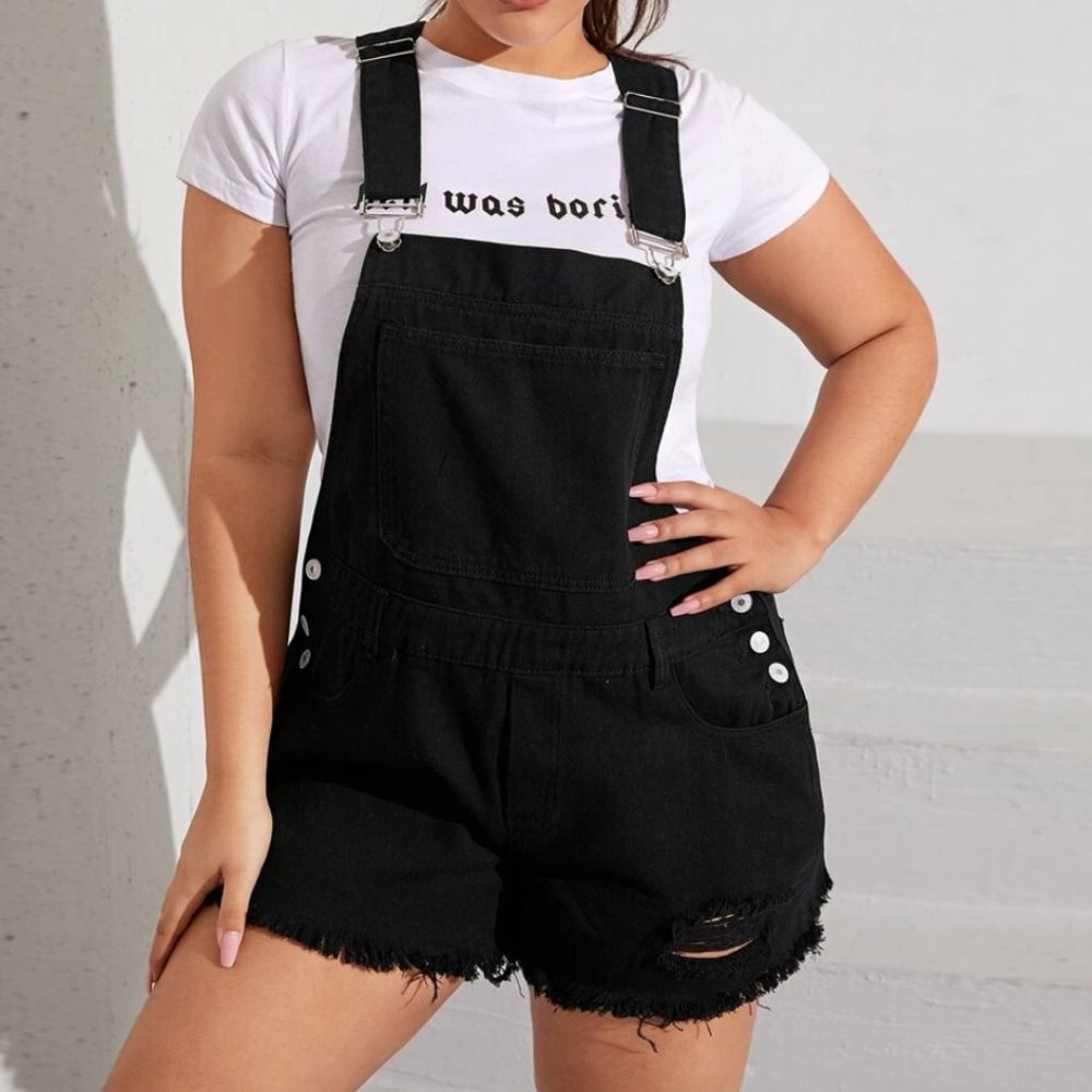 New Shein Plus Ripped Raw Hem Solid Denim Overalls
